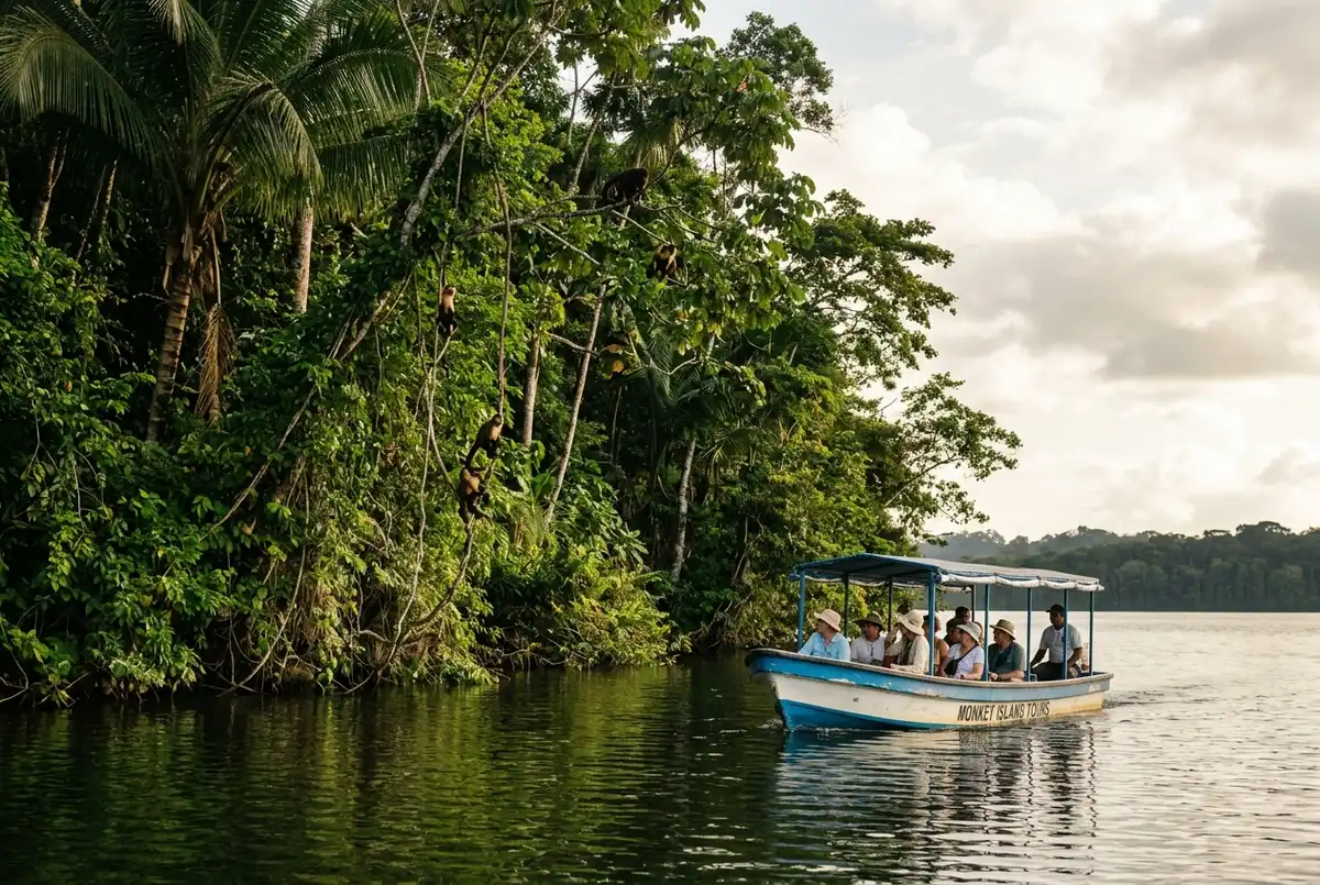 Small tour boat approaching the forested shoreline of Panama Monkey Island on Gatun Lake with wild monkeys visible in the canopy