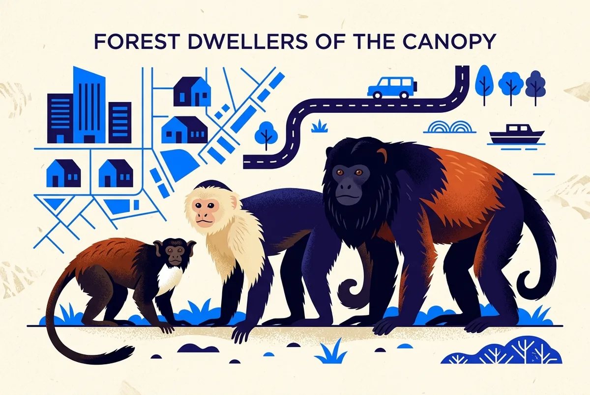 Side by side identification illustration comparing a white-faced capuchin, a mantled howler monkey and a Geoffroy's tamarin by size and coloring, clean educational infographic style